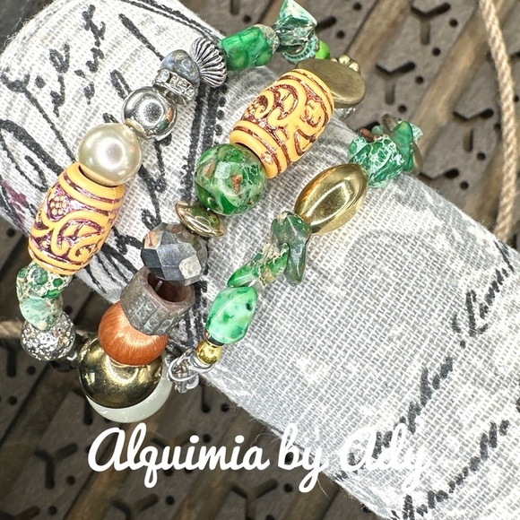 Green Turquoise layered statement beaded bracelet/ adjustable wrap around - Picture 2 of 5